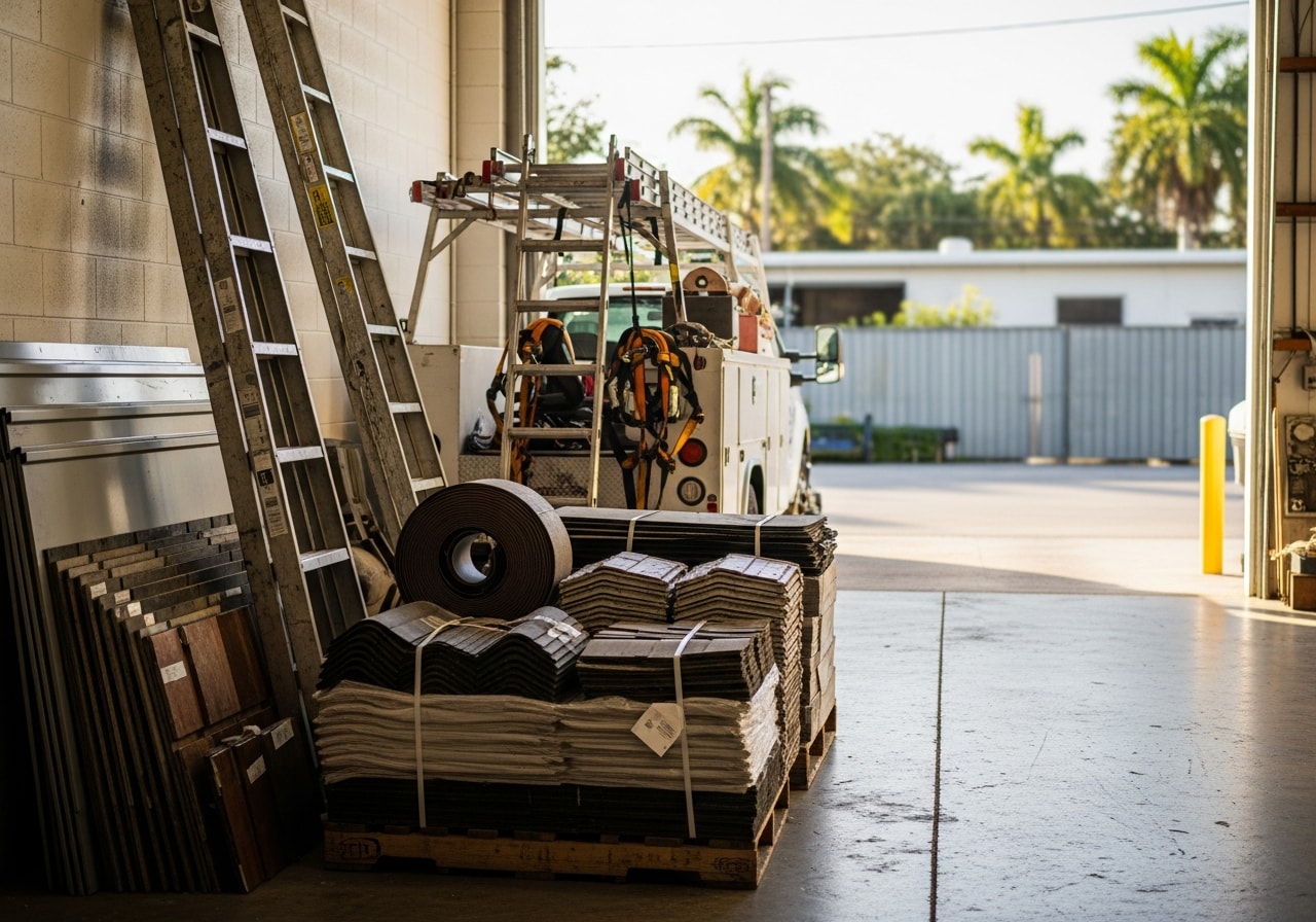Professional roofing crew with tools and equipment ready for residential and commercial roof installation and repair work.