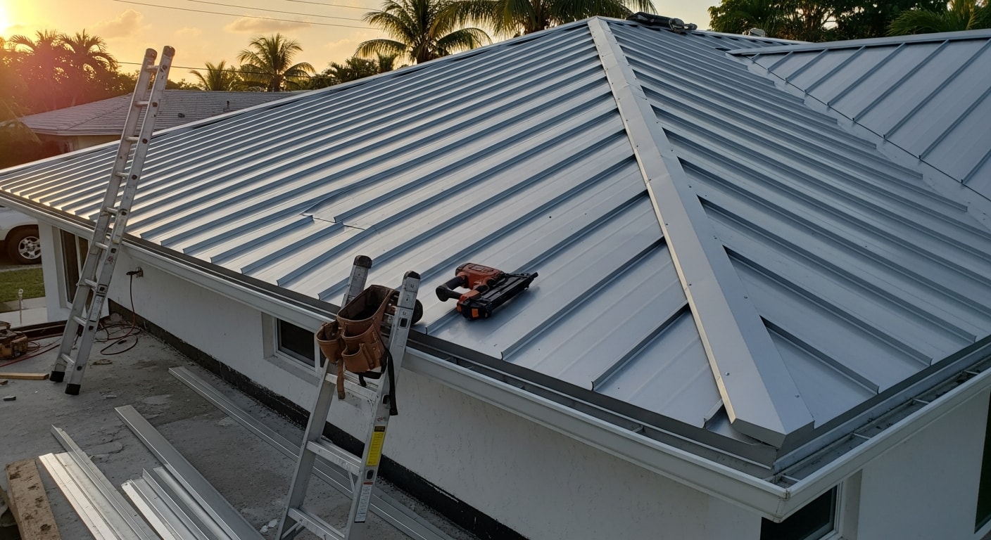 Metal roof installation on commercial building