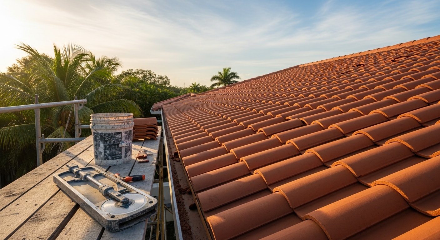 Concrete and clay tile roof installation on residential home