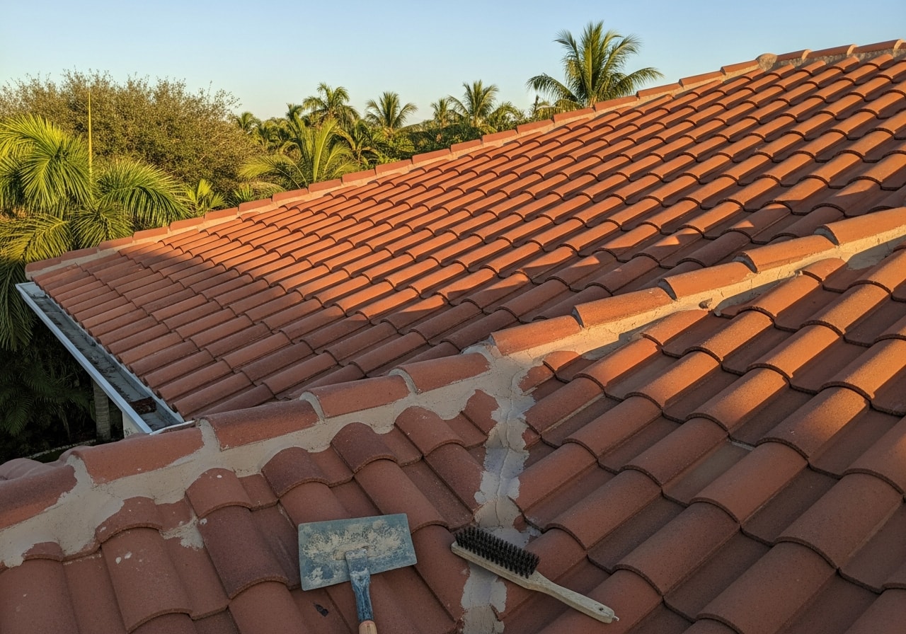Restored clay tile roof on Mediterranean-style home in Southwest Ranches