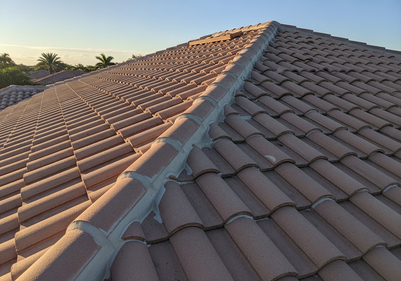 Concrete tile roof with new replacement tiles installed on Weston home