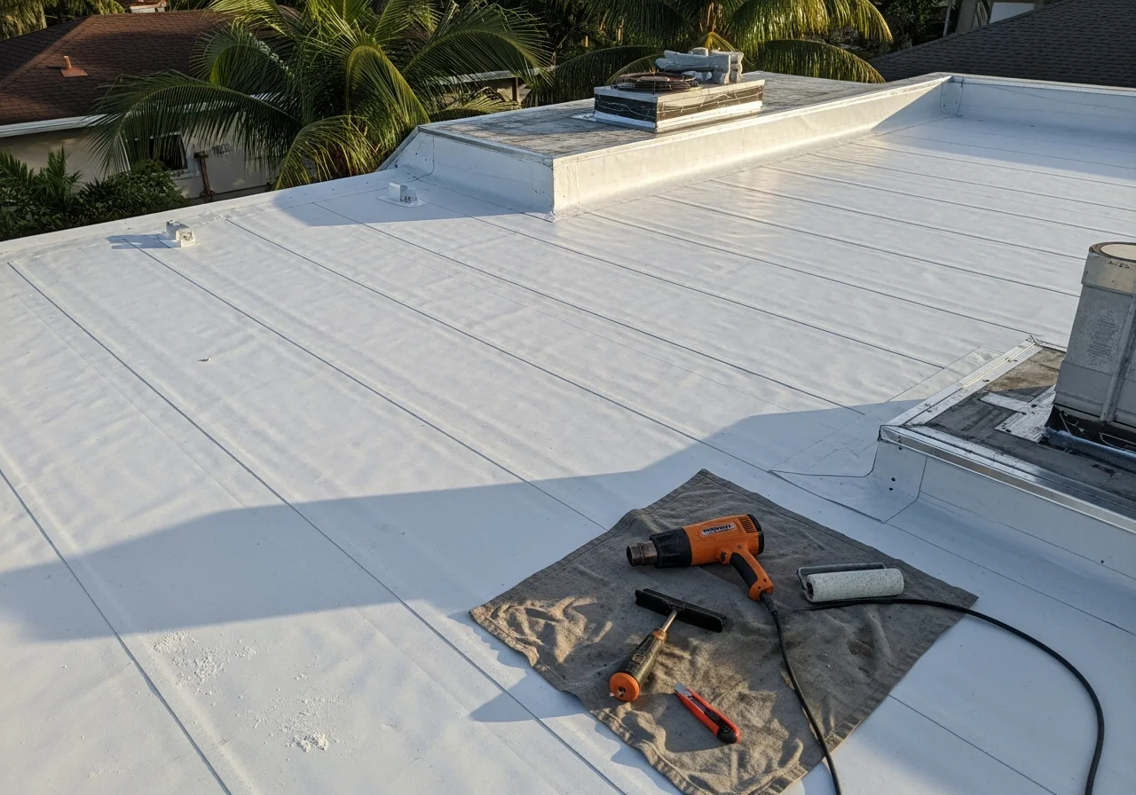 Close-up of metal roof seams being resealed with professional-grade sealant during repair work