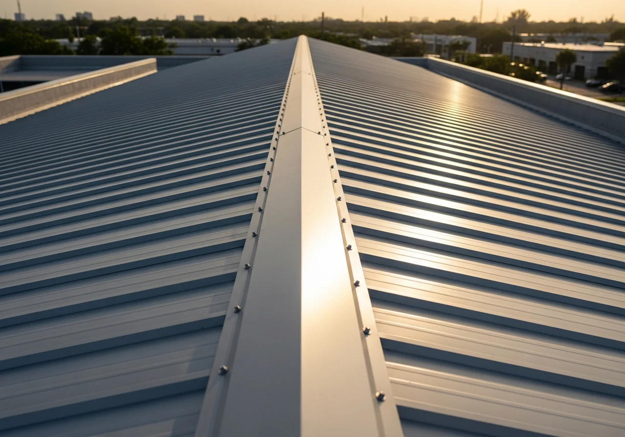 Commercial flat roof with fresh reflective coating applied, showing even coverage and clean edges along the perimeter