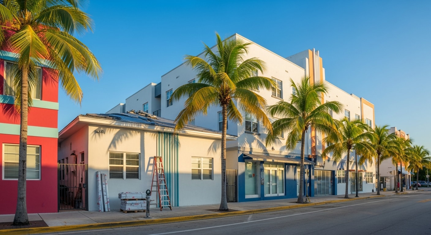 Colorful Miami street with palm trees, modern buildings, and clear blue sky reflecting the city's vibrant urban landscape.
