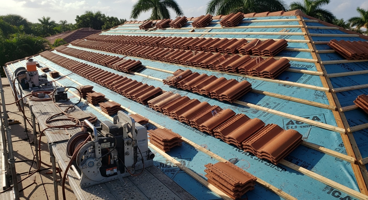 A completed clay tile roof installation on a single-family home in Miami, showing terra cotta barrel tiles with sealed ridges and hips. The roof is viewed from street level against a clear South Florida sky.