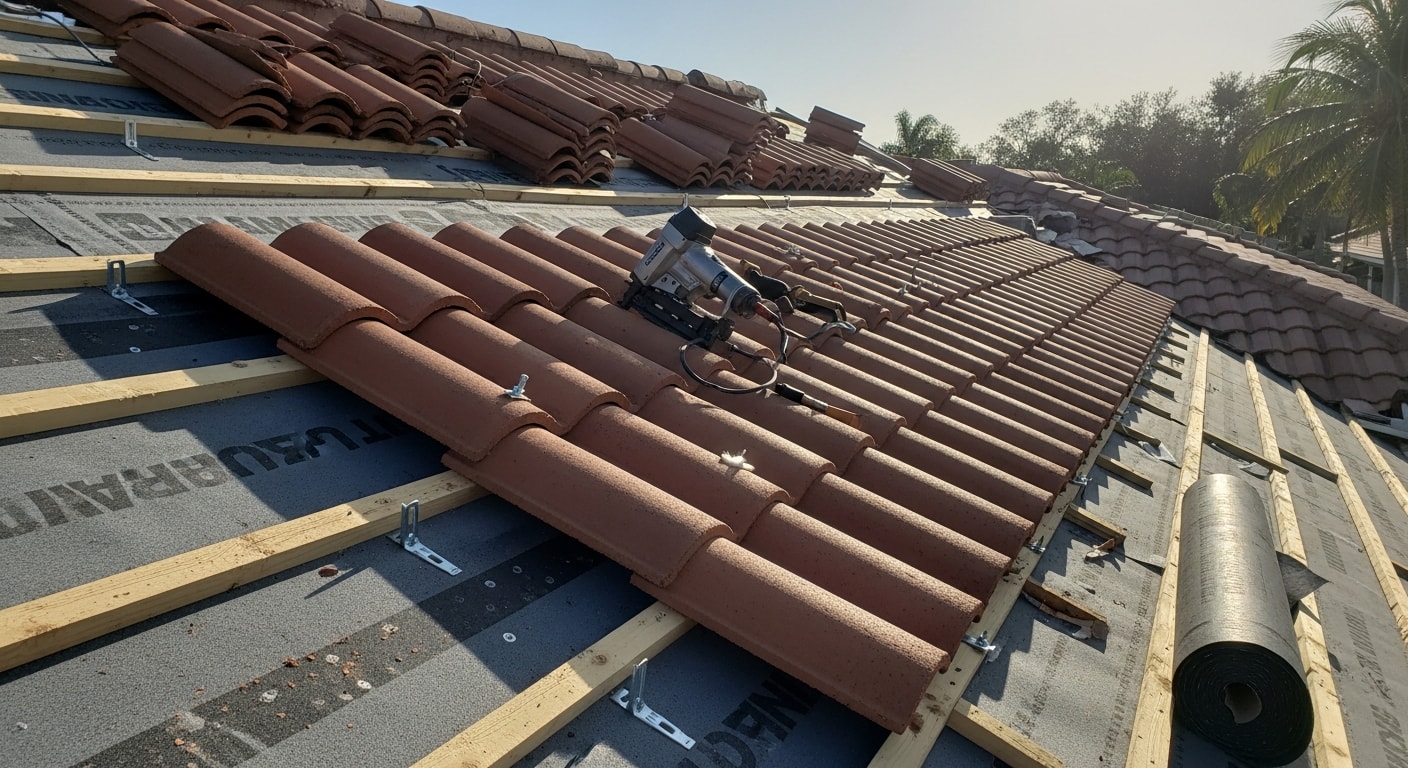 A completed concrete tile roof on a single-family home in Miami, showing uniform tile rows in a low-profile style against a clear South Florida sky. The roof deck and ridge line are fully covered with no visible gaps or displaced tiles.