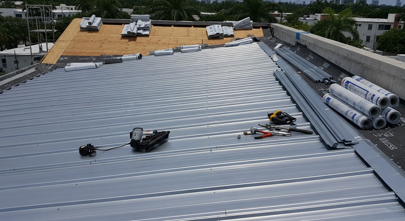 Corrugated metal roof panels installed on a commercial building in Miami, showing clean panel lines, finished ridge trim, and sealed flashing details. The completed roof sits under a clear South Florida sky with surrounding Miami urban context visible.