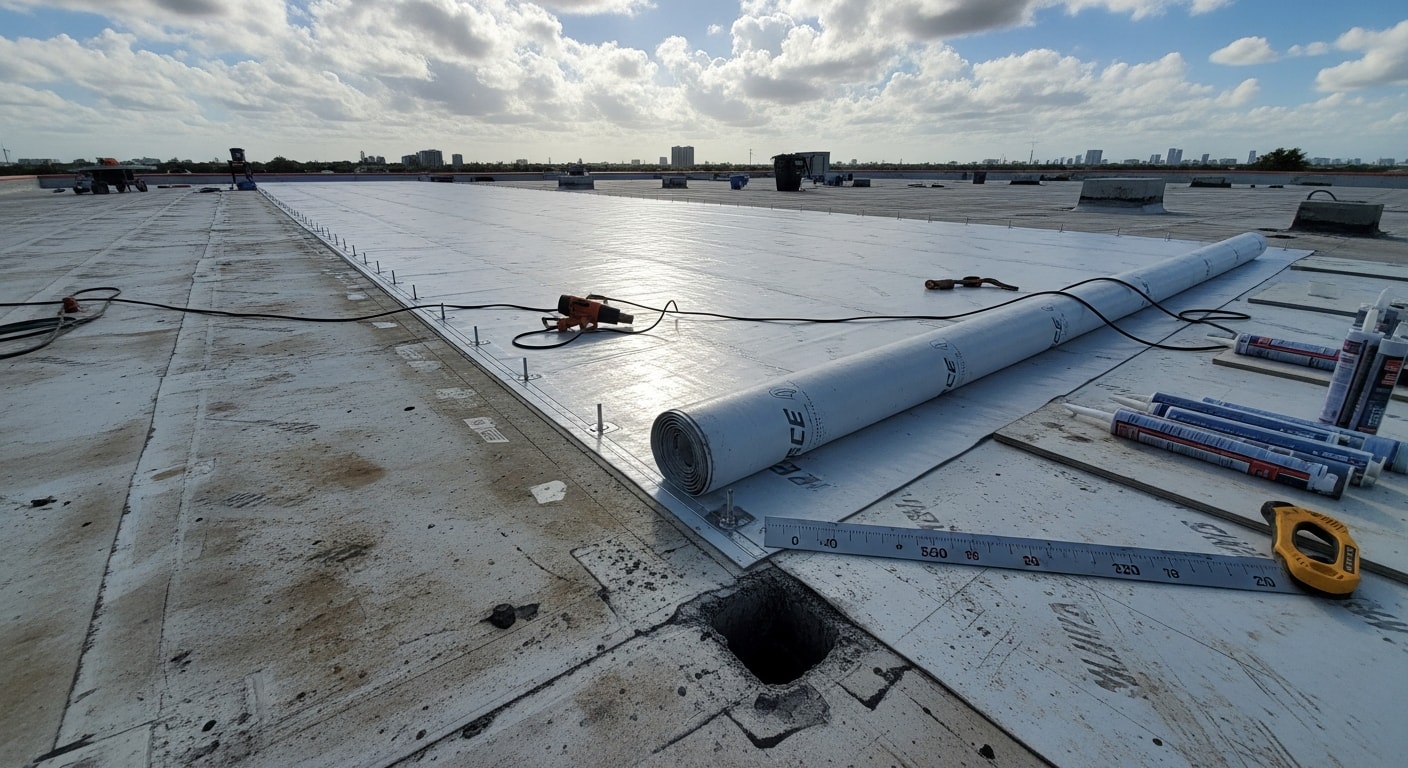 A completed flat roof membrane installation on a commercial building in Miami, Florida, showing a smooth reflective surface with properly positioned roof drains and HVAC equipment mounted on walk pads. The surrounding Miami skyline is visible in the background under a clear blue sky.