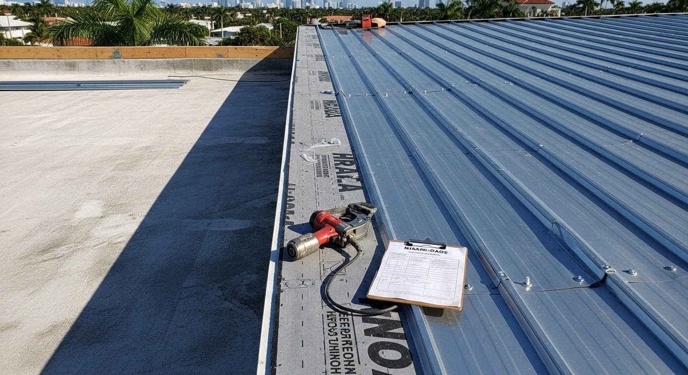 Completed standing seam metal roof installation on a single-family home in Miami, Florida. Panels are fully interlocked with visible clean ridge and eave lines against a clear South Florida sky.