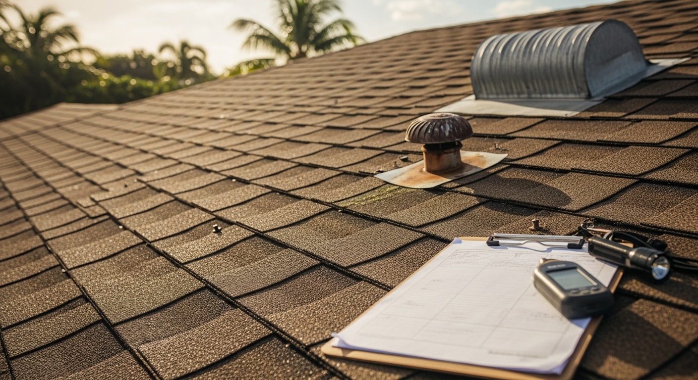 A Mr. Roofing contractor inspecting shingles on a residential roof in Miami, checking flashing and surface condition under clear South Florida skies. Close-up view shows shingle edges and metal flashing along the roofline of a single-family home.