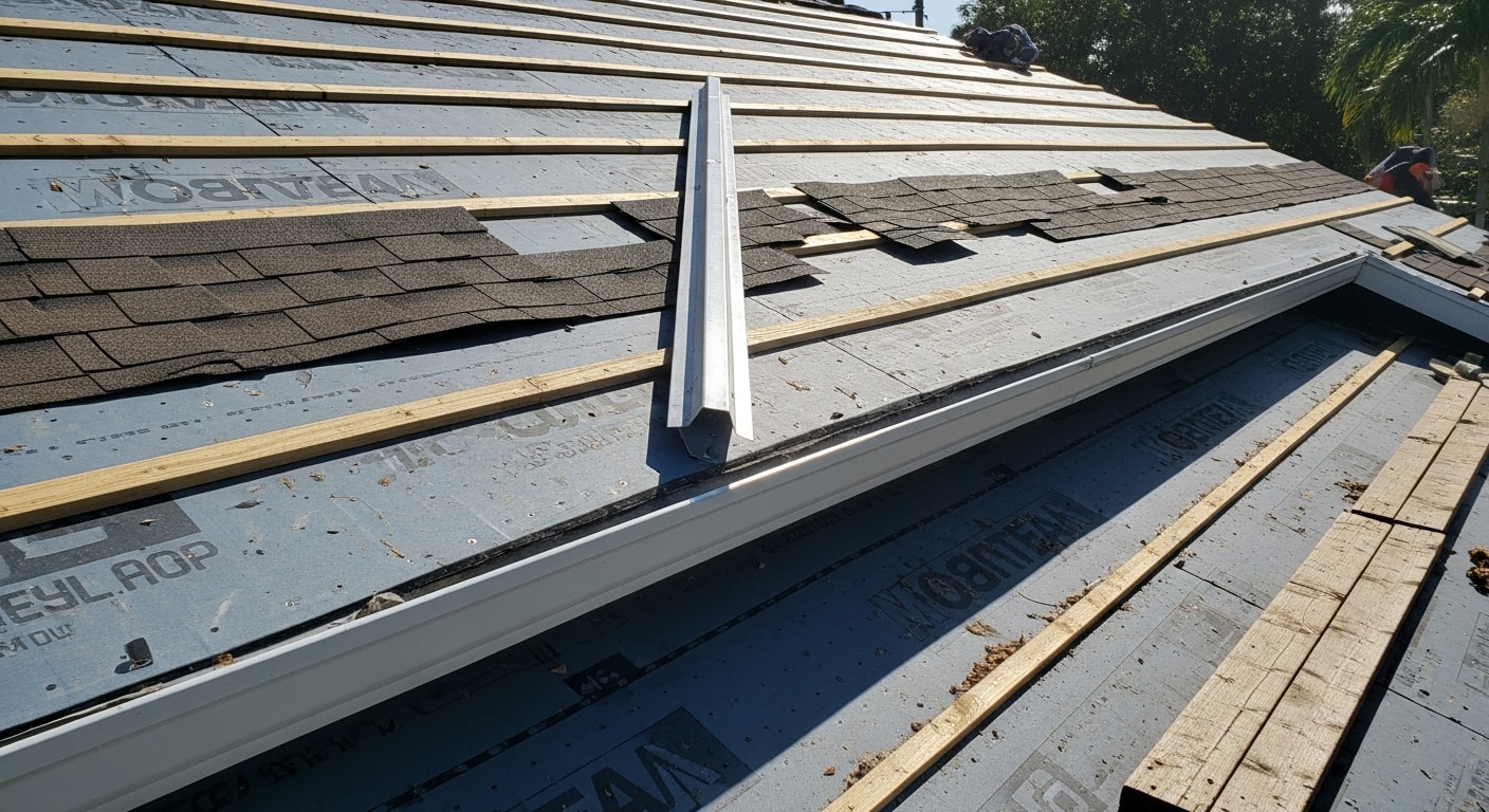 A newly installed roof on a single-family home in Miami, Florida, showing clean tile or metal roofing with visible drip edges and a finished ridge line. The home sits under a clear South Florida sky with palm trees visible in the background.