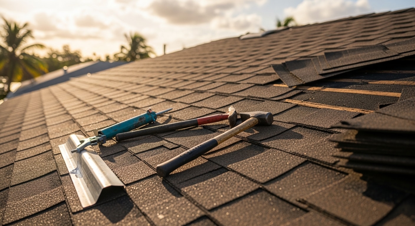 A roofing contractor repairing storm-damaged sections on a residential roof in Miami, with visible flashing work and patched roofing material under clear South Florida skies. Close-up view shows repaired underlayment and secured roofing sections on a single-family home.