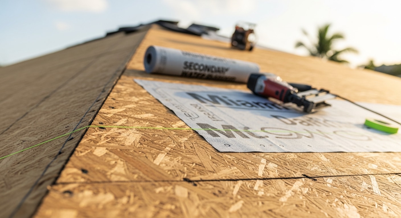 A completed residential roof replacement on a single-family home in Miami, showing a new code-compliant roof system with clean ridge lines and uniform field coverage. The finished installation reflects Miami-Dade High Velocity Hurricane Zone standards with proper edge detailing and a secondary water barrier beneath the surface layer.