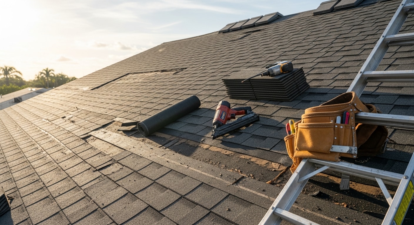 A Miami residential home with a repaired shingle roof showing uniform shingle coverage and sealed flashing around a roof vent. Close-up view of newly installed shingles on a South Florida single-family home after storm damage repair.