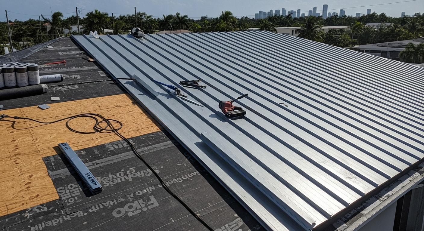 Completed standing seam metal roof installation on a Miami residential property, showing vertical interlocking panels with a clean concealed-fastener profile. The roof reflects South Florida sunlight against a backdrop of palm trees and blue sky.